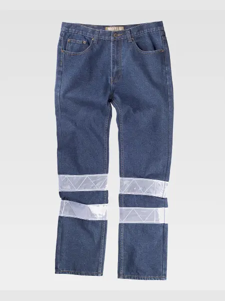 Pantalone Da Lavoro 5 Tasche Tessuto Denim Bande Rifrangenti Workteam all'ingrosso