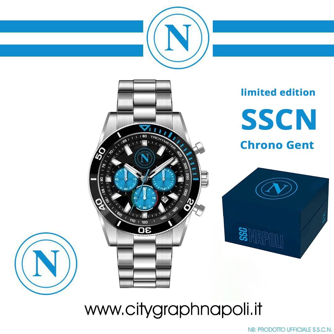 Orologio Uomo SSC NAPOLI P-N0477UN1 Chrono Acciaio Nero 4 Scudetto OFFICIAL